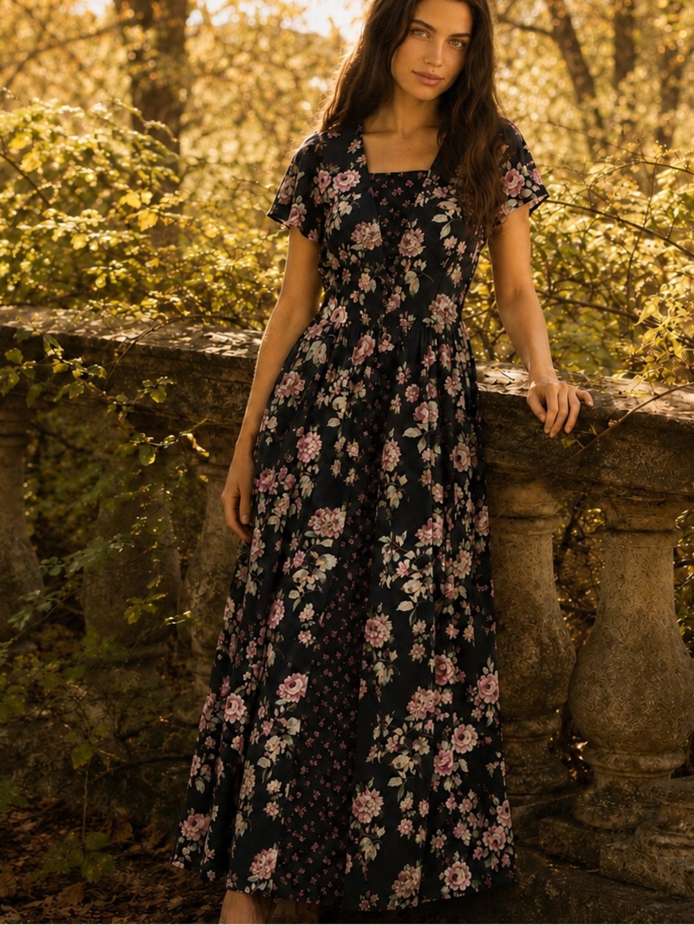 Vintage 80s/90s Erika Black Floral Maxi Dress Whimsigoth Prairie Romantic, M